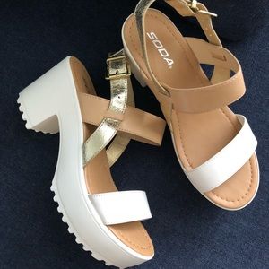 Soda white and gold wedge sandal heels